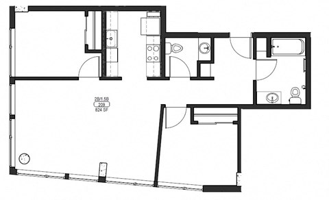 Floor plan for 2 beds, 1.5 baths, 824 sqft
